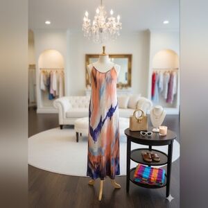 Abstract Print Maxi Swim Cover-Up Dress (Orange / Blue) 3XL